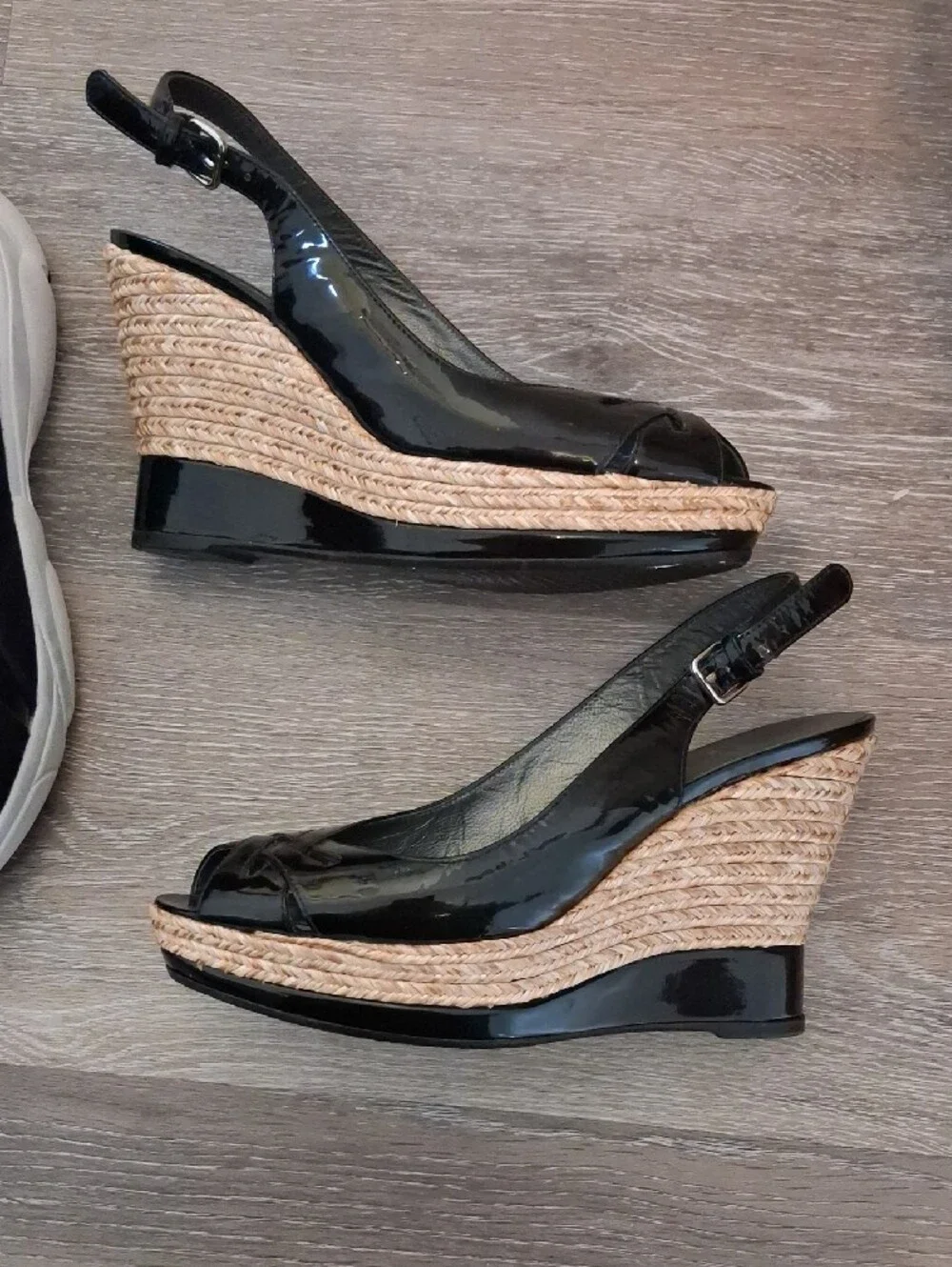 Stuart Weitzman Black Patent Leather Peep-Toe Slingback Heels